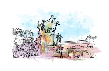 Print Building view with landmark of Camaguey is the city in Cuba. Vektörde elle çizilmiş resim ile suluboya sıçraması.