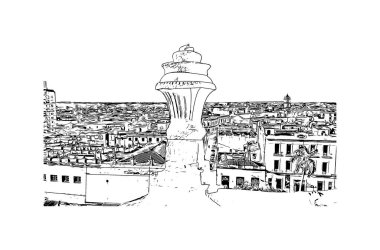 Print Building view with landmark of Camaguey is the city in Cuba. Vektörde elle çizilmiş çizim çizimi.