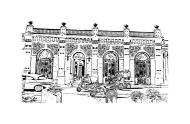 Print Building view with landmark of Camaguey is the city in Cuba. Vektörde elle çizilmiş çizim çizimi.