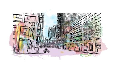 Print Building view with landmark of Calgary is the city in Canada. Vektörde elle çizilmiş resim ile suluboya sıçraması