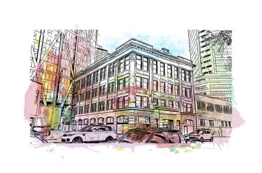 Print Building view with landmark of Calgary is the city in Canada. Vektörde elle çizilmiş resim ile suluboya sıçraması