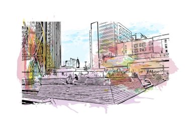 Print Building view with landmark of Calgary is the city in Canada. Vektörde elle çizilmiş resim ile suluboya sıçraması