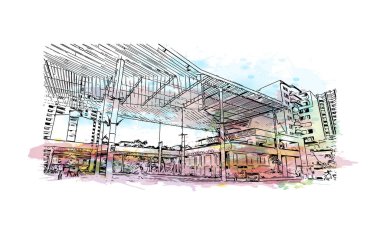 Cali 'nin simgesi olan Print Building View Kolombiya' da yer almaktadır. Vektörde elle çizilmiş resim ile suluboya sıçraması.