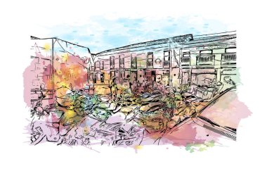 Cali 'nin simgesi olan Print Building View Kolombiya' da yer almaktadır. Vektörde elle çizilmiş resim ile suluboya sıçraması.