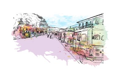 Cali 'nin simgesi olan Print Building View Kolombiya' da yer almaktadır. Vektörde elle çizilmiş resim ile suluboya sıçraması.