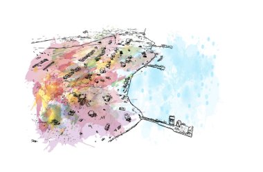 Cali 'nin simgesi olan Print Building View Kolombiya' da yer almaktadır. Vektörde elle çizilmiş resim ile suluboya sıçraması.