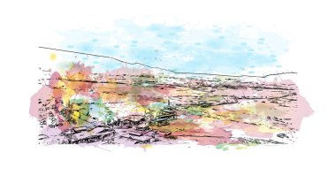 Cali 'nin simgesi olan Print Building View Kolombiya' da yer almaktadır. Vektörde elle çizilmiş resim ile suluboya sıçraması.