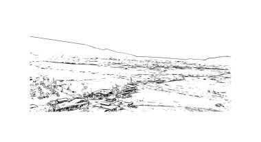 Cali 'nin simgesi olan Print Building View Kolombiya' da yer almaktadır. Vektörde elle çizilmiş çizim çizimi.