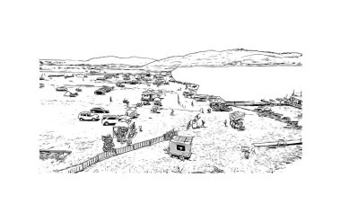 Cali 'nin simgesi olan Print Building View Kolombiya' da yer almaktadır. Vektörde elle çizilmiş çizim çizimi.