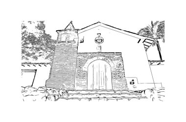 Cali 'nin simgesi olan Print Building View Kolombiya' da yer almaktadır. Vektörde elle çizilmiş çizim çizimi.