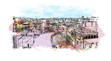 Mısır 'ın başkenti Kahire' nin simgesi olan Print Building View 'dir. Vektörde elle çizilmiş resim ile suluboya sıçraması.