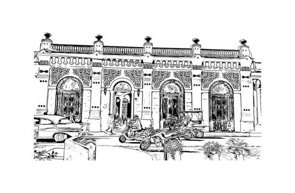 Print Building Vista Com Marco Camaguey Cidade Cuba Desenho Desenhado — Vetor de Stock