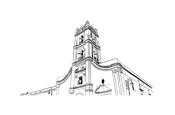 Imprimir Vista Del Edificio Con Hito Camagüey Ciudad Cuba Dibujo — Vector de stock