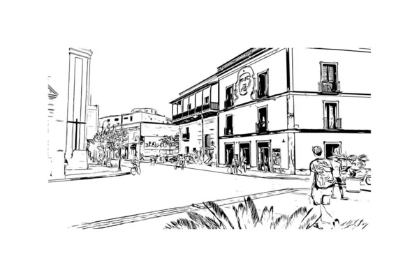 Print Building view with landmark of Camaguey is the city in Cuba. Vektörde elle çizilmiş çizim çizimi.