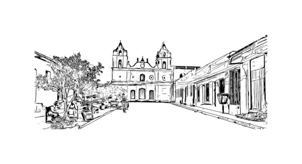 Print Building Vista Com Marco Camaguey Cidade Cuba Desenho Desenhado — Vetor de Stock