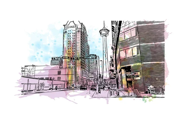 Print Building View Landmark Calgary Staden Kanada Akvarell Stänk Med — Stock vektor