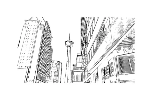 Imprimer Vue Édifice Avec Monument Calgary Est Ville Canada Illustration — Image vectorielle