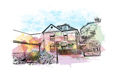 Cambridge manzaralı Print Building Kanada 'nın en büyük şehridir. Vektörde elle çizilmiş resim ile suluboya sıçraması.