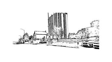 Cambridge manzaralı Print Building Kanada 'nın en büyük şehridir. Vektörde elle çizilmiş çizim çizimi.