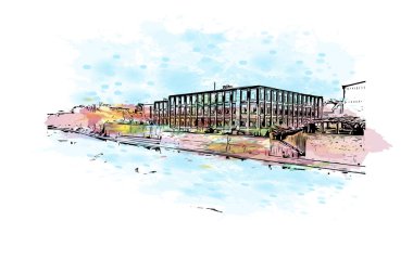 Cambridge manzaralı Print Building Kanada 'nın en büyük şehridir. Vektörde elle çizilmiş resim ile suluboya sıçraması.