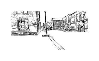 Cambridge manzaralı Print Building Kanada 'nın en büyük şehridir. Vektörde elle çizilmiş çizim çizimi.