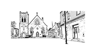 Cambridge manzaralı Print Building Kanada 'nın en büyük şehridir. Vektörde elle çizilmiş çizim çizimi.