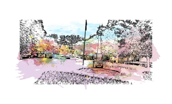 Cambridge manzaralı Print Building Kanada 'nın en büyük şehridir. Vektörde elle çizilmiş resim ile suluboya sıçraması.