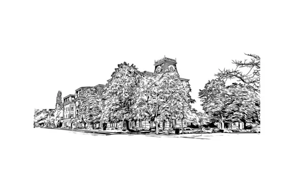 Cambridge manzaralı Print Building Kanada 'nın en büyük şehridir. Vektörde elle çizilmiş çizim çizimi.
