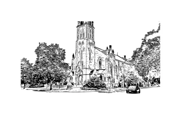 Tisk Pohled Budovu Orientačním Bodem Cambridge Město Kanadě Ručně Kreslená — Stockový vektor