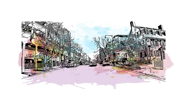 Print Building View Landmark Cambridge Stad Massachusetts Akvarell Stänk Med — Stock vektor