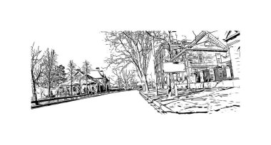 Cambridge 'in simgesi olan Print Building view, Massachusetts' te bir şehirdir. Vektörde elle çizilmiş çizim çizimi.