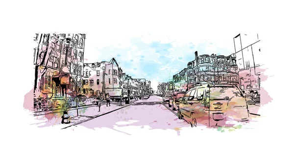 Print Building View Landmark Cambridge City Massachusetts Akvarell Splash Kézzel — Stock Vector