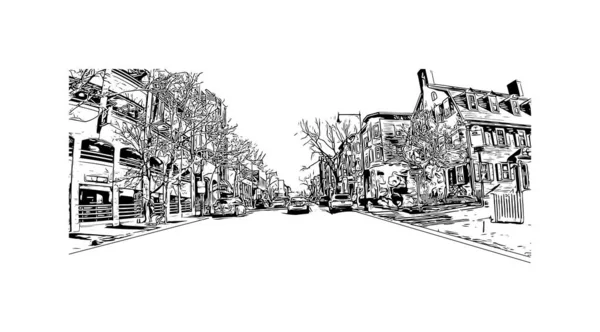 坎布里奇的标志性建筑是马萨诸塞州的一个城市 矢量手绘草图 — 图库矢量图片
