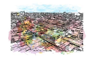 Filipinler 'in Caloocan şehrinin simgesi olan Print Building View. Vektörde elle çizilmiş resim ile suluboya sıçraması.