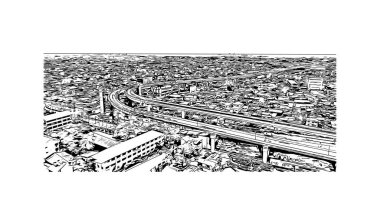 Filipinler 'in Caloocan şehrinin simgesi olan Print Building View. Vektörde elle çizilmiş çizim çizimi.