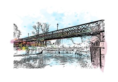 Print Building view, Cambridge 'in tarihi yapısına sahip İngiltere' nin doğusunda bulunan Cam Nehri üzerinde bir şehirdir. Vektörde elle çizilmiş resim ile suluboya sıçraması.