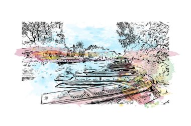 Print Building view, Cambridge 'in tarihi yapısına sahip İngiltere' nin doğusunda bulunan Cam Nehri üzerinde bir şehirdir. Vektörde elle çizilmiş resim ile suluboya sıçraması.