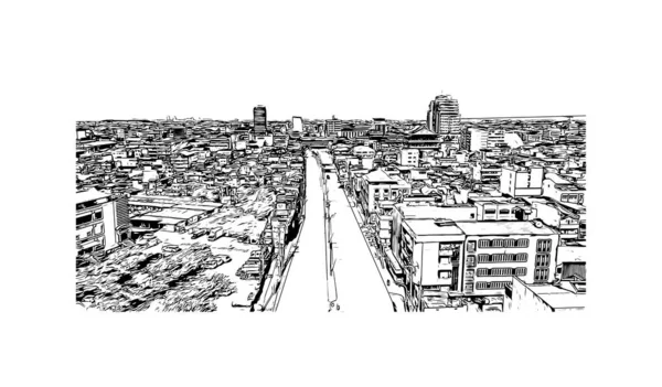 Filipinler 'in Caloocan şehrinin simgesi olan Print Building View. Vektörde elle çizilmiş çizim çizimi.