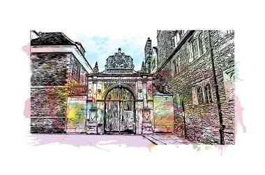 Print Building view, Cambridge 'in tarihi yapısına sahip İngiltere' nin doğusunda bulunan Cam Nehri üzerinde bir şehirdir. Vektörde elle çizilmiş resim ile suluboya sıçraması.