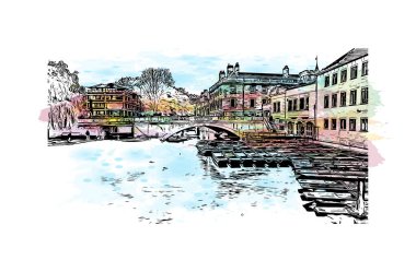 Print Building view, Cambridge 'in tarihi yapısına sahip İngiltere' nin doğusunda bulunan Cam Nehri üzerinde bir şehirdir. Vektörde elle çizilmiş resim ile suluboya sıçraması.