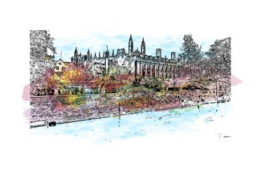 Print Building view, Cambridge 'in tarihi yapısına sahip İngiltere' nin doğusunda bulunan Cam Nehri üzerinde bir şehirdir. Vektörde elle çizilmiş resim ile suluboya sıçraması.