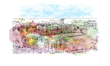 Print Building view, Cambridge 'in tarihi yapısına sahip İngiltere' nin doğusunda bulunan Cam Nehri üzerinde bir şehirdir. Vektörde elle çizilmiş resim ile suluboya sıçraması.