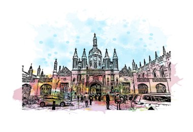 Print Building view, Cambridge 'in tarihi yapısına sahip İngiltere' nin doğusunda bulunan Cam Nehri üzerinde bir şehirdir. Vektörde elle çizilmiş resim ile suluboya sıçraması.