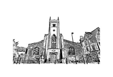 Print Building view, Cambridge 'in tarihi yapısına sahip İngiltere' nin doğusunda bulunan Cam Nehri üzerinde bir şehirdir. Vect içinde elle çizilmiş çizim çizimi