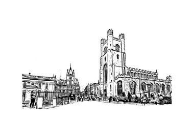 Print Building view, Cambridge 'in tarihi yapısına sahip İngiltere' nin doğusunda bulunan Cam Nehri üzerinde bir şehirdir. Vect içinde elle çizilmiş çizim çizimi