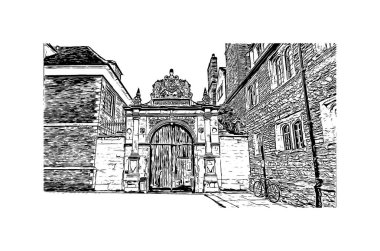 Print Building view, Cambridge 'in tarihi yapısına sahip İngiltere' nin doğusunda bulunan Cam Nehri üzerinde bir şehirdir. Vektörde elle çizilmiş çizim çizimi.