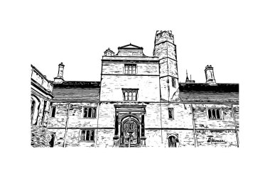 Print Building view, Cambridge 'in tarihi yapısına sahip İngiltere' nin doğusunda bulunan Cam Nehri üzerinde bir şehirdir. Vektörde elle çizilmiş çizim çizimi.