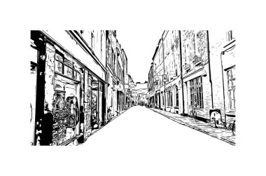 Print Building view, Cambridge 'in tarihi yapısına sahip İngiltere' nin doğusunda bulunan Cam Nehri üzerinde bir şehirdir. Vektörde elle çizilmiş çizim çizimi.