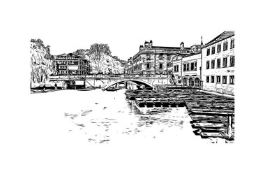 Print Building view, Cambridge 'in tarihi yapısına sahip İngiltere' nin doğusunda bulunan Cam Nehri üzerinde bir şehirdir. Vektörde elle çizilmiş çizim çizimi.