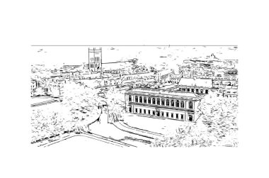 Print Building view, Cambridge 'in tarihi yapısına sahip İngiltere' nin doğusunda bulunan Cam Nehri üzerinde bir şehirdir. Vektörde elle çizilmiş çizim çizimi.